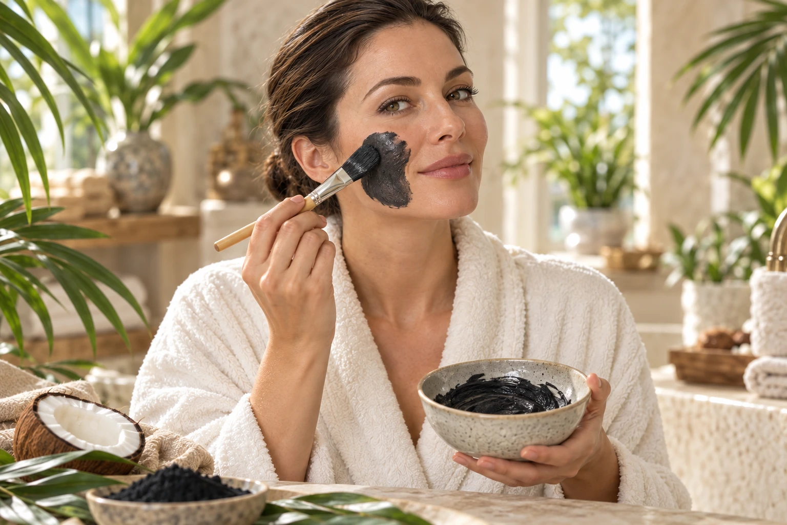 Brunette woman applying a charcoal mask in a botanical beauty setting