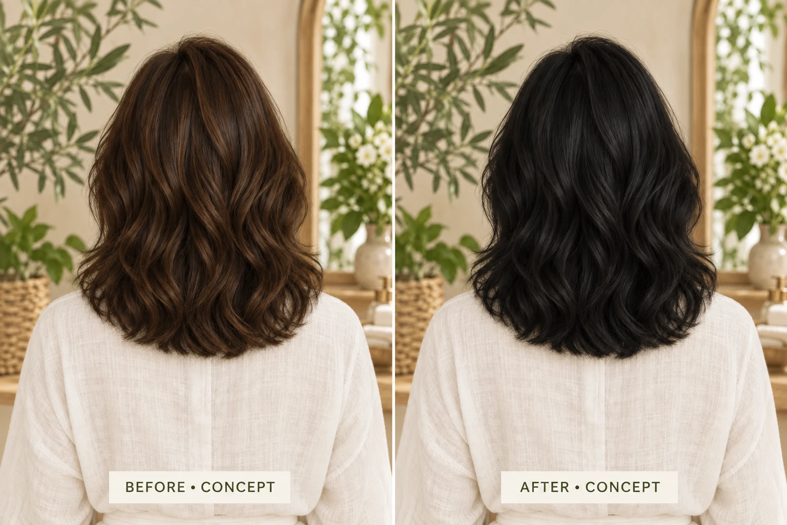 Rear before-and-after view of Black Henna hair styling concept
