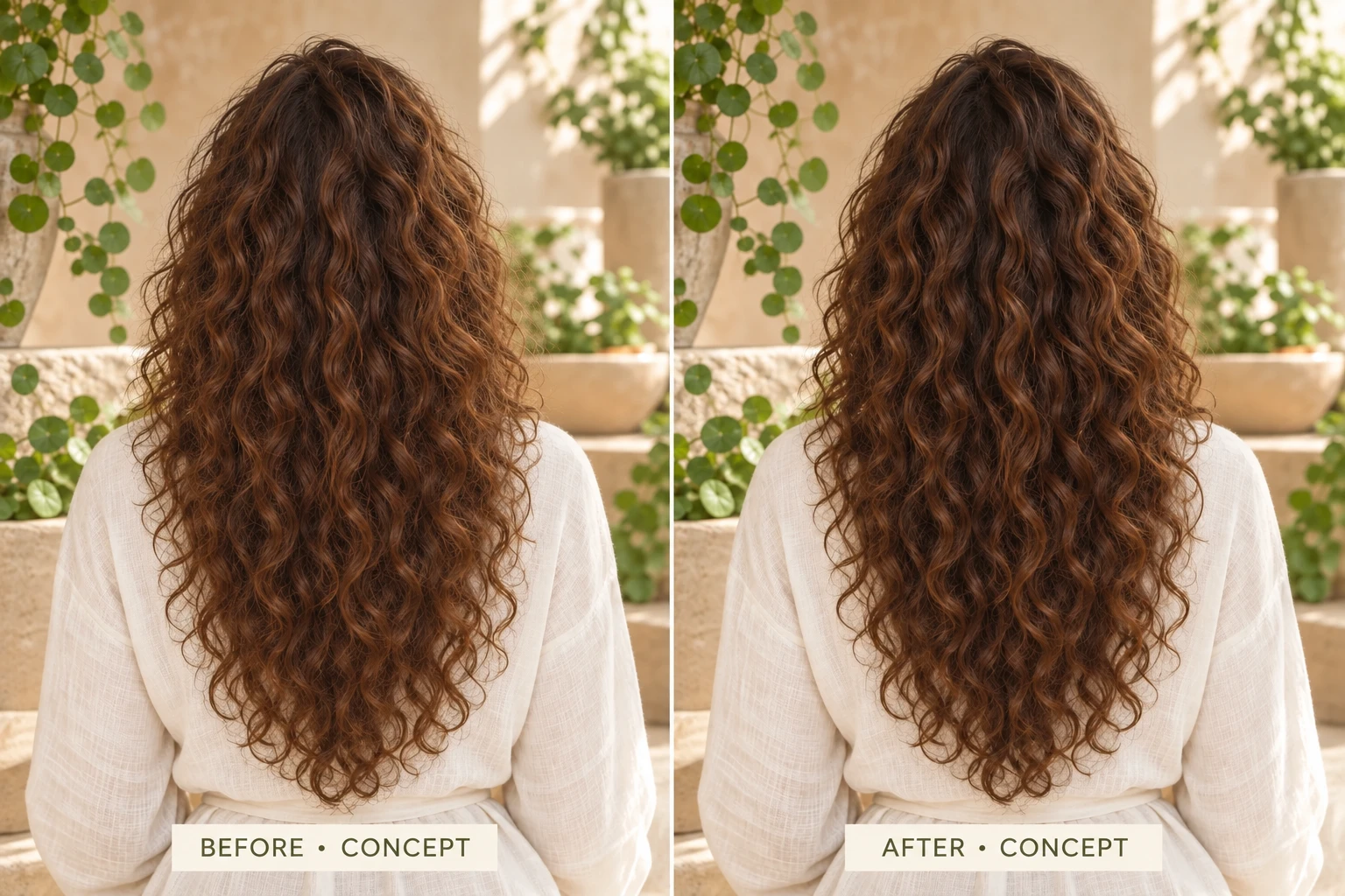 Rear before-and-after view of Brahmi Powder hair styling concept