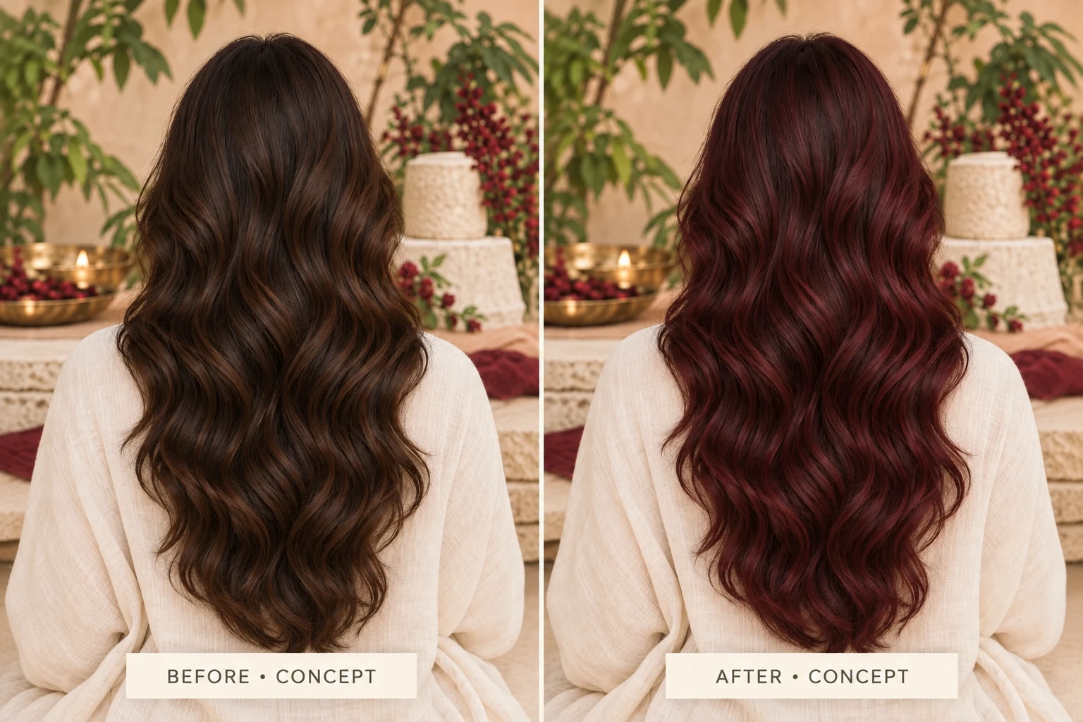 Burgundy Henna rear before-and-after concept, not actual customer results