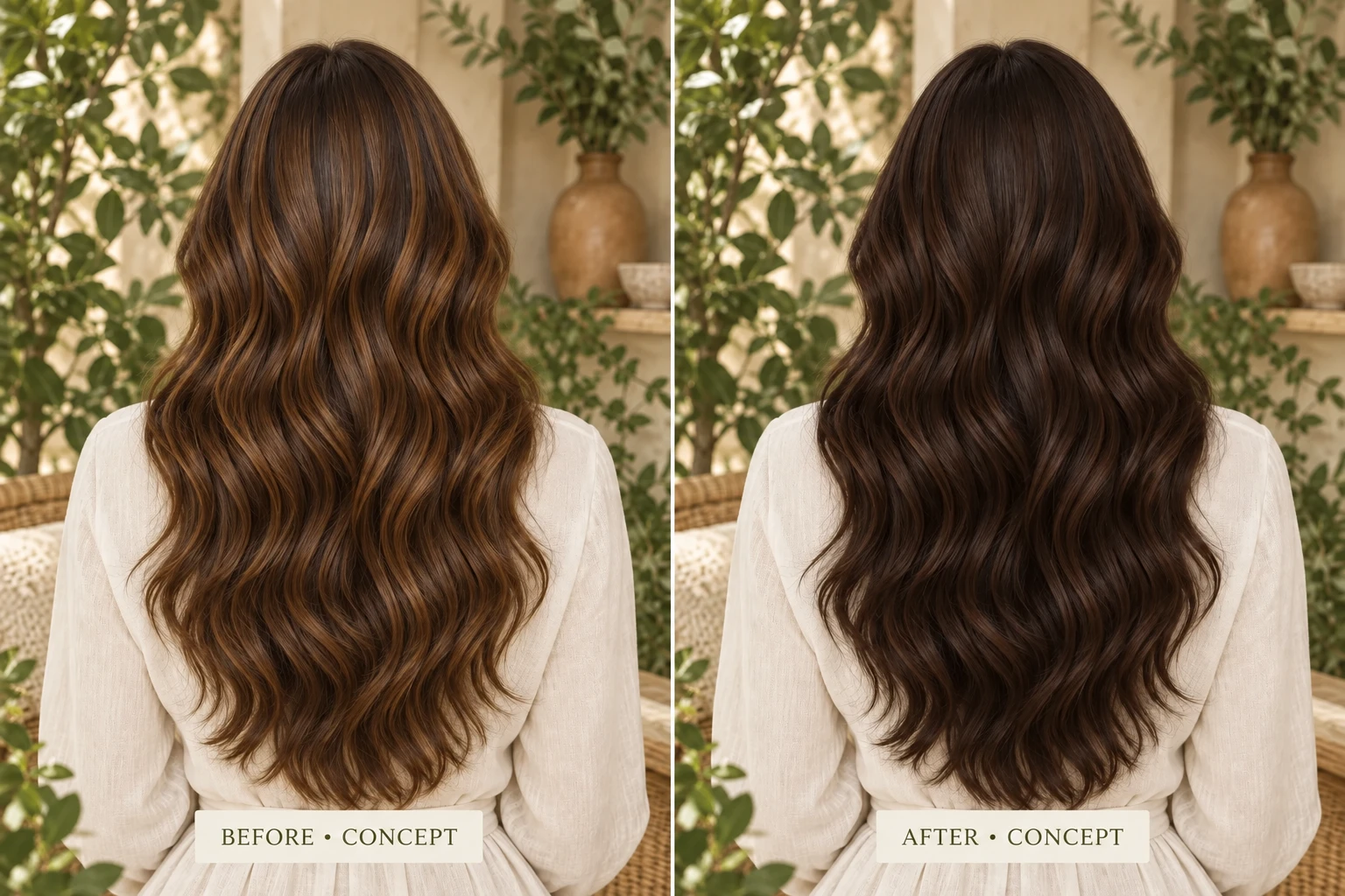 Rear before-and-after view of Dark Brown Henna hair styling concept