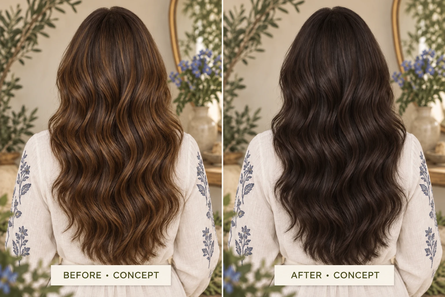 Rear before-and-after view of Indigo Powder hair styling concept
