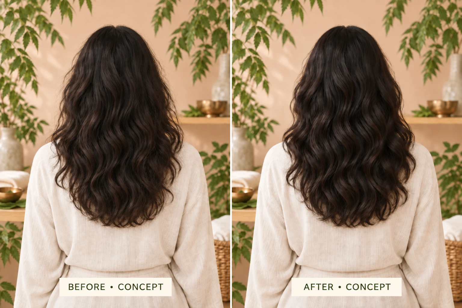 Rear before-and-after view of Neem Leaves Powder hair styling concept