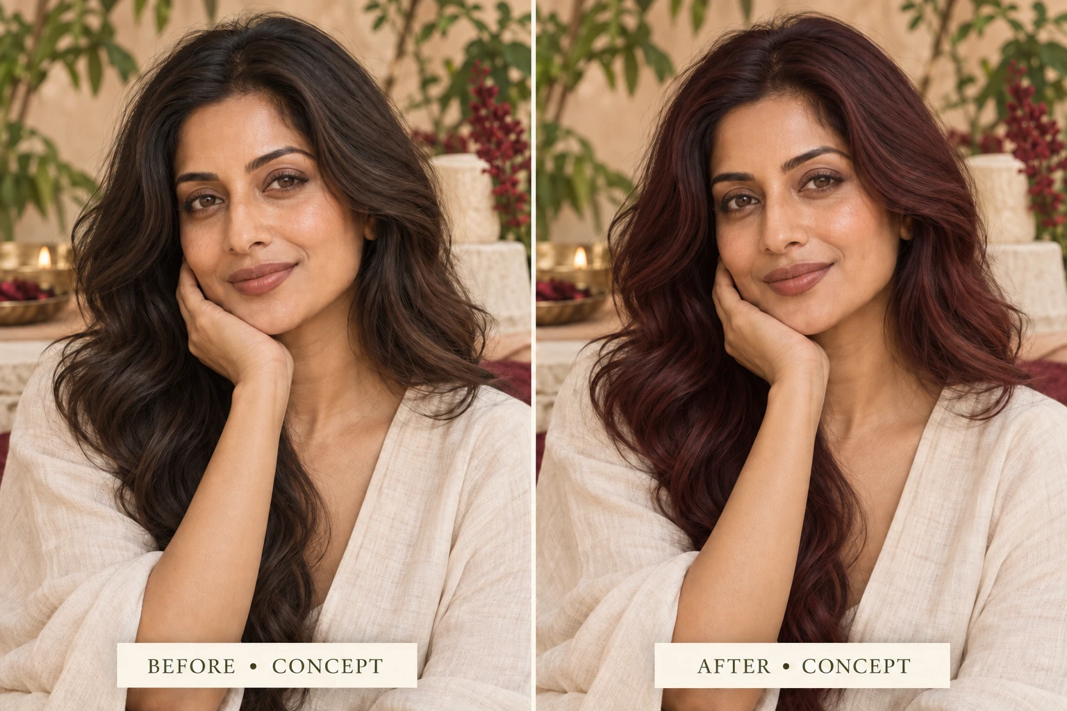 Burgundy Henna front before-and-after concept, not actual customer results