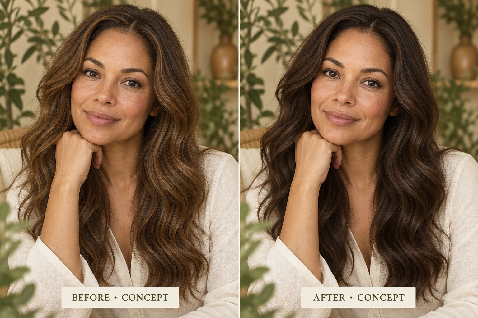 Dark Brown Henna illustrative before-and-after concept, not actual customer results