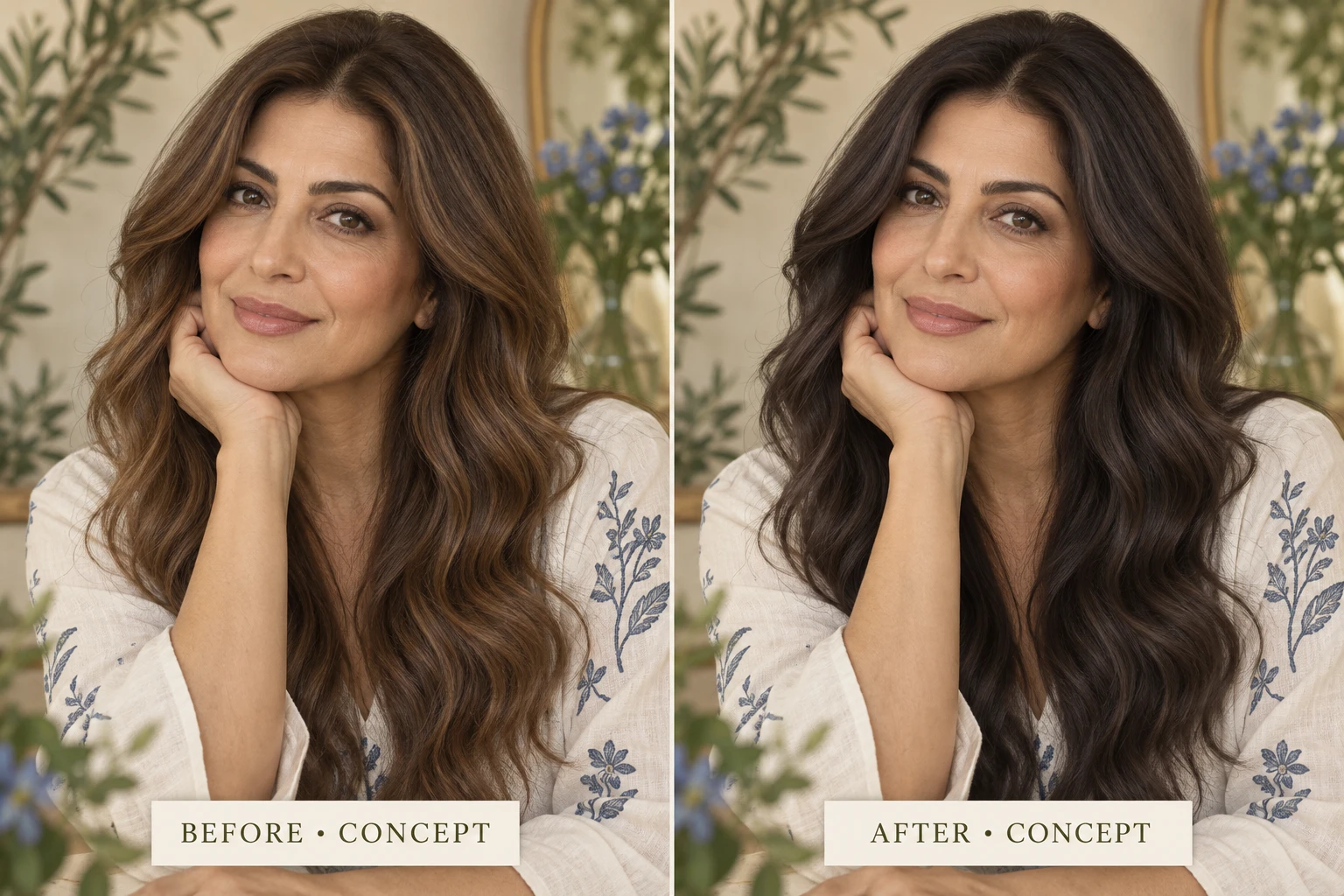 Indigo Powder illustrative before-and-after concept, not actual customer results