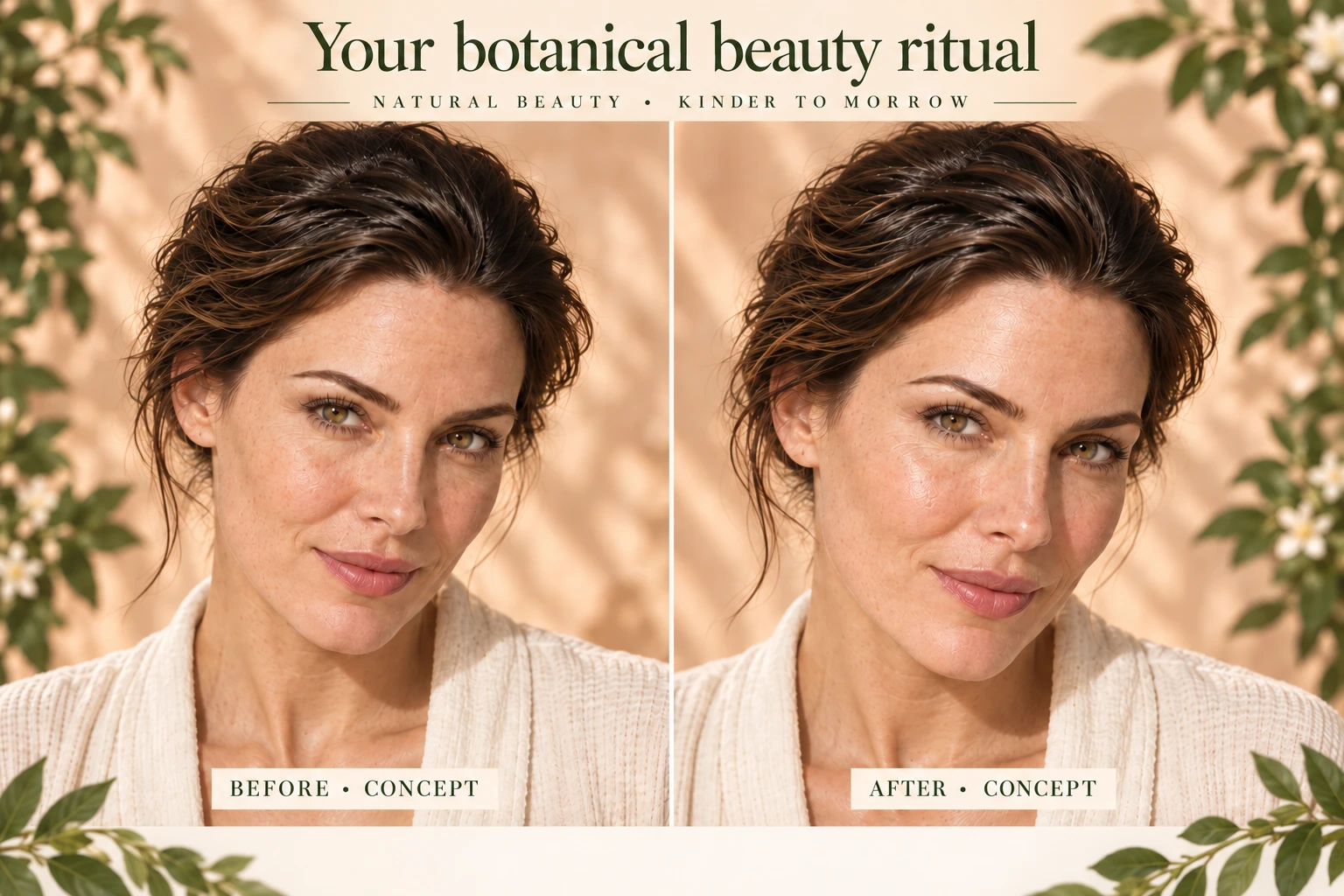Illustrative before-and-after beauty concept with the same woman; not measured product results